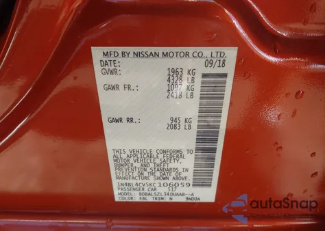 2019 Nissan Altima 2.5 Sr z USA, uszkodzony, nr VIN 1N4BL4CV5KC106059